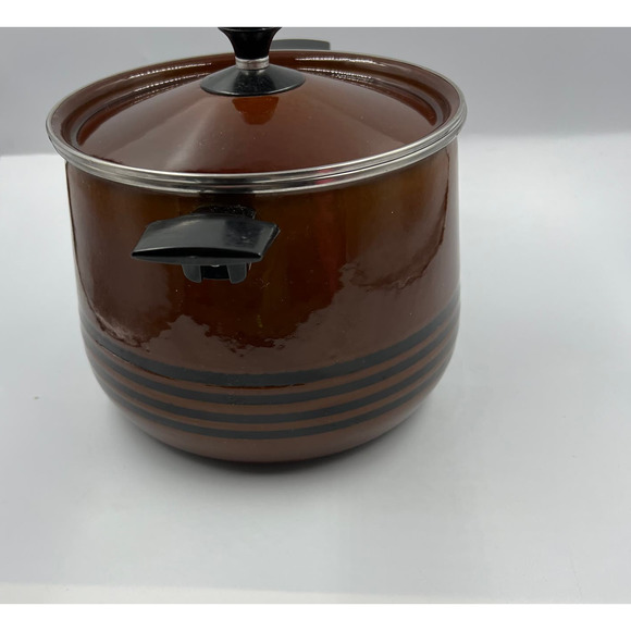 Vtg West Bend Brown Enamelware Scandia Bean Stock Pot W Lid Handles MCM - Picture 9 of 13